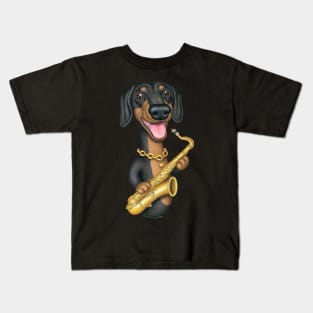 Cute Doxie Dog with saxophone on Dachshund Sax Player tee Kids T-Shirt